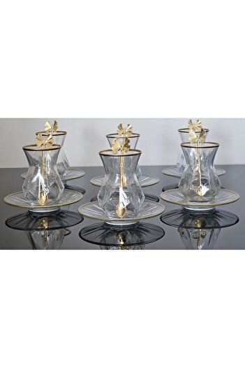 atabey home 6 PERSON 18 PIECES ALYA TEA SET WITH GLASS PLATE BUTTERFLY TEA SPOON