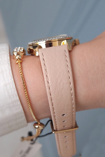 Daniel Klein Women's Wristwatch - With Calendar, Gold Yellow Rhinestone Case, Cream Leather, Strap Bracelet Gift