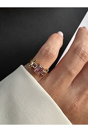 ringbox Gold Pink Stone Rectangular Model Little Finger Ring