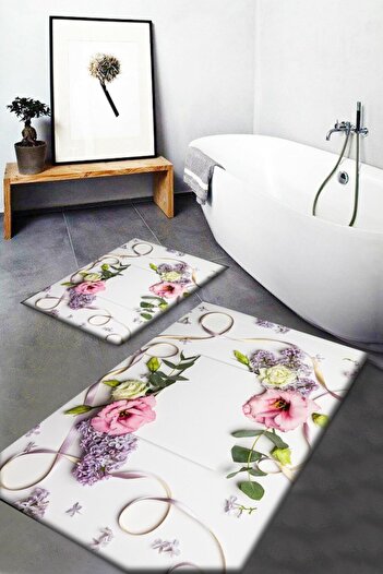 Else Halı Else Pink Purple Roses Green Petals Σετ 2 τεμαχίων τουαλέτας Σετ χαλάκι μπάνιου Μοκέτα