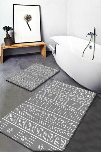 Else Dekor Gray White Scandinavian Patterned Washable Non-Slip Bath Mat 2-Piece Toilet Set Dts-2
