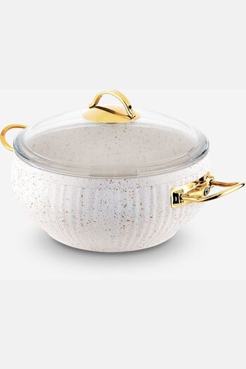 Lines 28 Cm White Granite Patterned Casserole Deep Pot Gold Handle Glass Lid