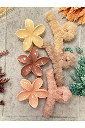 PREGIO Kadın Xl 3'lü Peluş Tüylü 3'lü Pastel Lotus Büyük Boy 6'lı Zarif Kışlık Mandal Toka