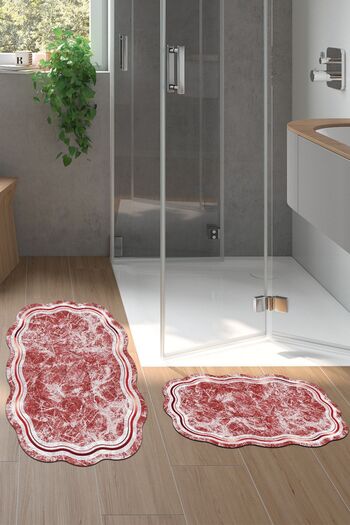 Alanur Home Laser Cut Djt 2 Piece Washable Non-Slip Base Bathroom Mat Toilet Seat Set 203 Figured Red