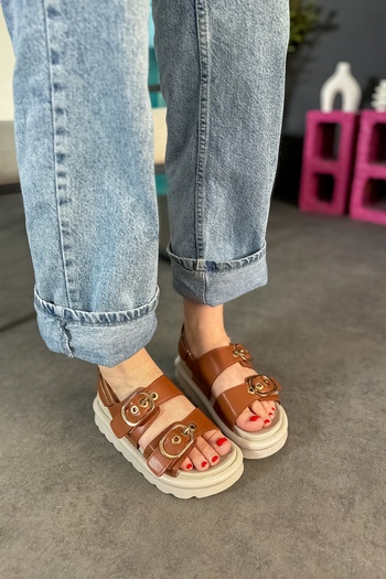SHOEBELLAS Mui Tan Women's Sandals - Double Buckle Detail