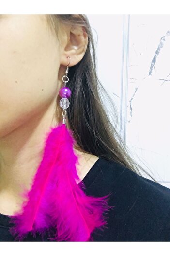 Meralin Elinden Earring with Pink Feather and White Nuts
