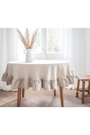 EVYA 100% Raw Cotton Linen Frilly Round Tablecloth 160 Cm Vintage Kitchen Living Room Tablecloth