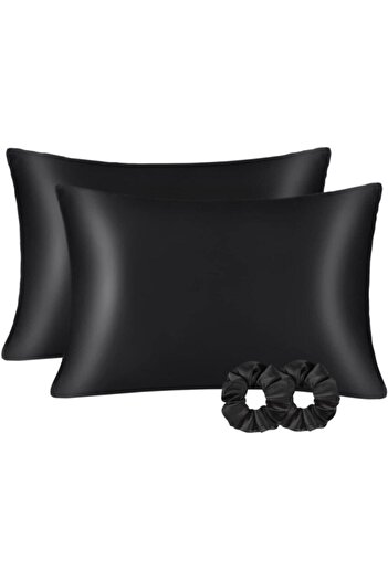 EVYA Black Silk Satin Pillow Case 2 Pack 50X70 Special Skin Friendly Case for Curly Hair with Buckle Gift