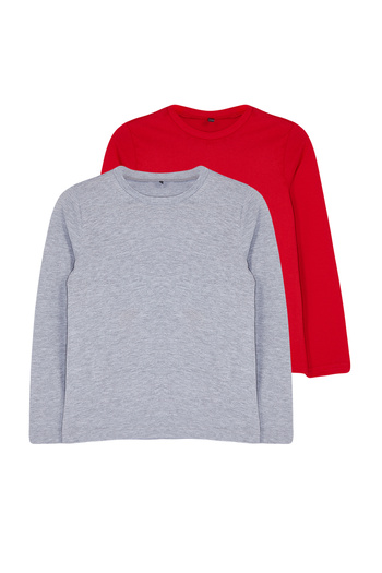 TRENDYOLKIDS Red-Anthracite 2 Unisex Basic Package Crew Neck Cotton Knitted T-Shirt Tkdaw25Ts00000