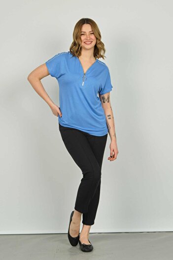 ELLA CAMELIA Women's Zippered Short Sleeve Blouse 20E038 Blue