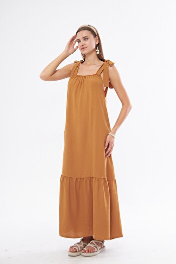 The Champ Clothing Square Collar Tied Shoulder Woven Dress - Tan