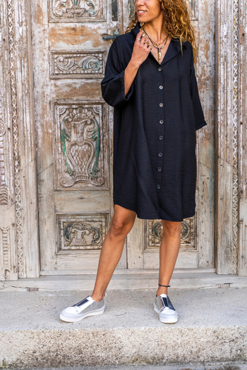 Güneşkızı Women's Black Linen Look Three-Quarter Sleeve Casual Shirt Dress BST700-3582