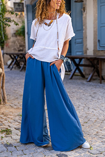 Güneşkızı Women's Indigo Elastic Waist Pocket Wide Leg Soft Textured Loose Trousers Bst3391
