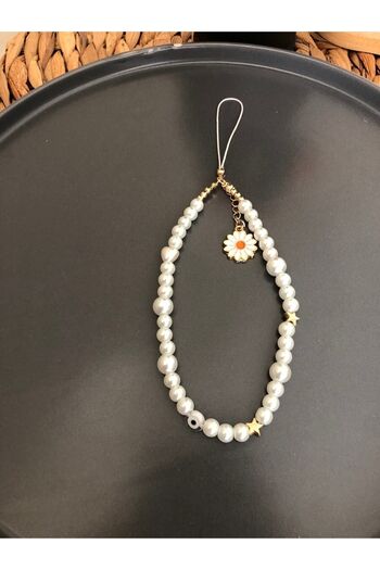 Stoneday Pearl Star Detailed Evil Eye Beaded Special Design Gold Daisy Figured Phone Charm Accessory Charm