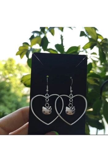 Bohemian Aesthetic Sanrio Hello Kitty Kalpli Küpe Antik Gümüş Kaplama