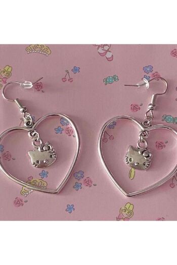 Bohemian Aesthetic Sanrio Hello Kitty Kalpli Küpe Antik Gümüş Kaplama