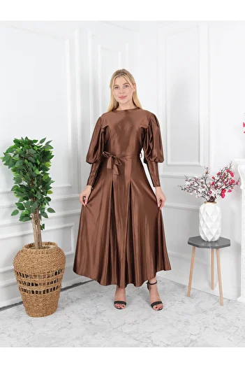 CLASSY.MODA Μπαλόνι μανίκι πλισέ φούστα λεπτομέρεια μουσουλμανικό φόρεμα-Σατέν ύφασμα