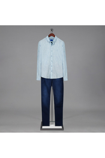Sarar Світло-синя лляна сорочка Slim Fit - Sarar Goias, комір на ґудзиках