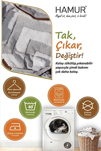 HAMUR Yıkanabilir Puf Tabure Kılıfı Tak-Çıkar-Değiştir-Yenile Orta Sehpa Kılıfı By Line Gri