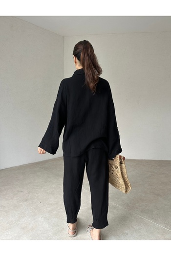 EDLİNGERİE Black Muslin Fabric Women's Pants Shirt Bottom Top Set