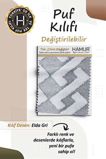 HAMUR Yıkanabilir Puf Tabure Kılıfı Tak-Çıkar-Değiştir-Yenile Orta Sehpa Kılıfı By Elda Gri