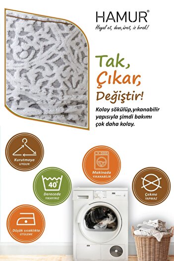HAMUR Yıkanabilir Puf Tabure Kılıfı Tak-Çıkar-Değiştir-Yenile Orta Sehpa Kılıfı By Motif Gri