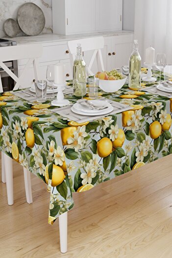 Else Dekor Green Lemon Patterned Linen Tablecloth - Digital Printed, Stain-Proof, Care-Free Fabric