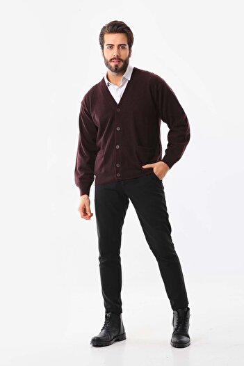 San&Fa Sanfa Men's V-Neck Pure Wool Cardigan 2634 Claret Red