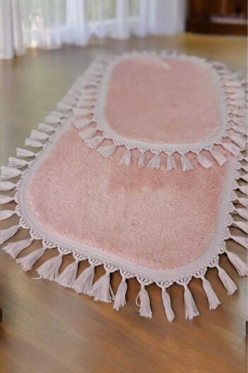 ALTUN CARPET 2 τμχ κραγιόν +6 χρώματα πατάκι μπάνιου βελούδινο αντιολισθητικό χαλί πομπόν με κρόσσια 60x100+50x60