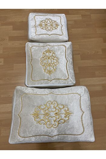 AYHANHOME Çeyizlik Kadife Gold Işlemeli 3'lü Cappuccino Bohça Nişan Gelin Damat Hurcu