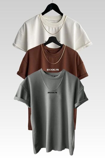 MODAGEN Uniszex Brooklyn Printed 3 Pack Barna-szürke-fehér póló