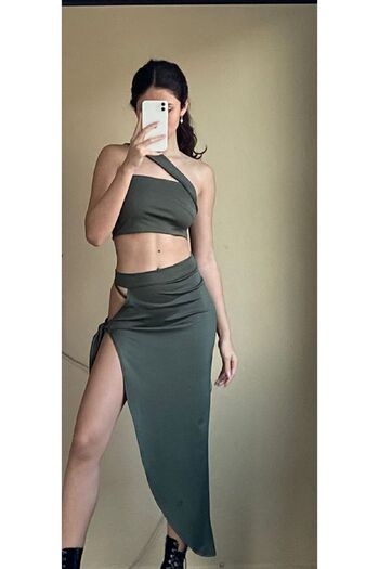 Rosy Live in style Khaki Colored Long Side Low-cut Skirt and Top