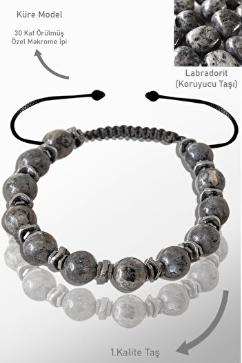 Tesbih Atölyesi Adjustable Bracelet with Real Hematite and Labradorite Gems