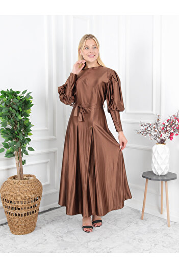 CLASSY.MODA Μπαλόνι μανίκι πλισέ φούστα λεπτομέρεια μουσουλμανικό φόρεμα-Σατέν ύφασμα