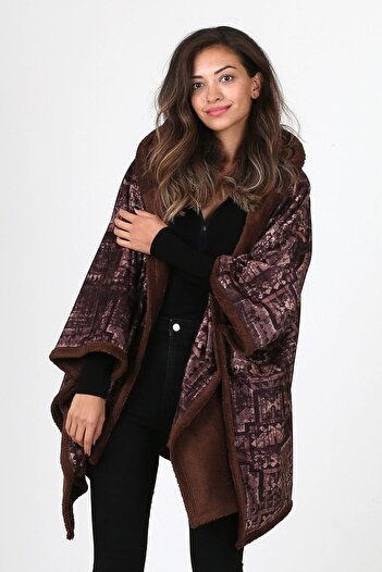 HAMUR Hooded Oversize Buttoned Brown Plush Velvet Coat Wein Kk-801