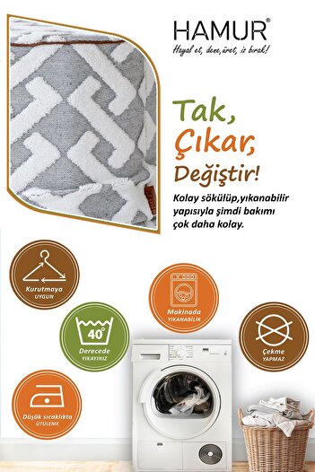 HAMUR Yıkanabilir Puf Tabure Kılıfı Tak-Çıkar-Değiştir-Yenile Orta Sehpa Kılıfı By Elda Gri