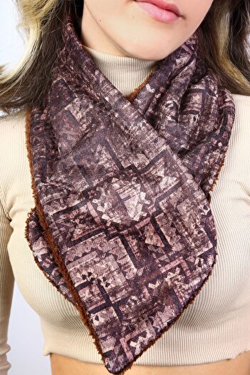 HAMUR Women's Scarf Neck Collar Buttoned Plush Velvet Wein Brown