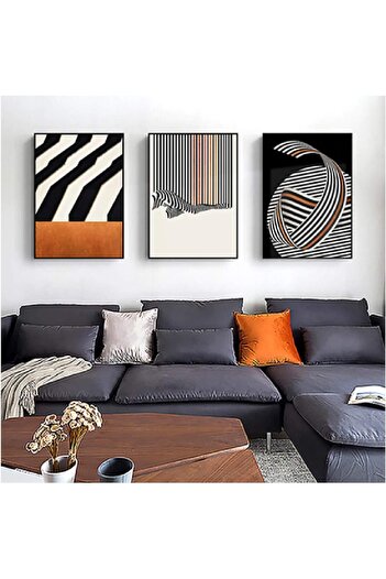 Linacci 3 Piece Black Metal Framed Zebra Geometric Decorative Stylish Poster Glass Painting Set