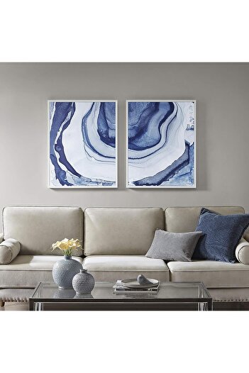 Linacci Double White Thin Metal Frame Blue Marble Glass Poster Painting Set
