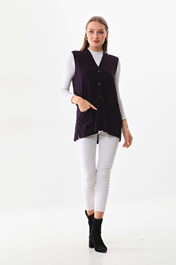 Günay Women's Pocket Detailed V-Neck Vest 2603 Plum