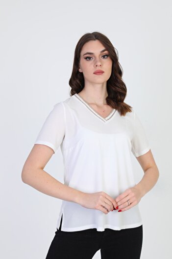 ELLA CAMELIA Women's Collar Embroidered Blouse 9e013 Ecru