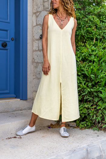 Güneşkızı Women's Yellow Muslin V-Neck Front Slit Long Loose Dress Bst3419