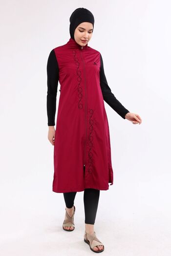 Ranuna 2210 Solid Color Judge Collar Water Repellent Fabric Hijab Swimsuit Claret Red