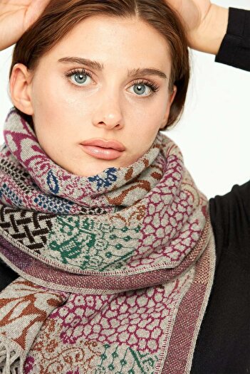 Desen Triko Women's Patchwork Patterned Pure Wool Shawl 02421143 Mink