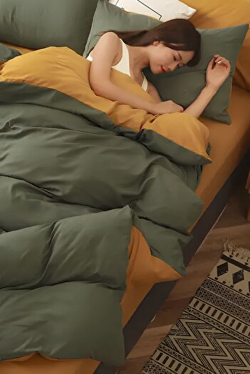 Else Dekor Khaki Mustard Solid Color Double Sided Cotton Satin Single Duvet Cover Set