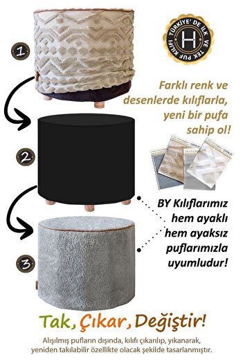HAMUR Yıkanabilir Puf Tabure Kılıfı Tak-Çıkar-Değiştir-Yenile Orta Sehpa Kılıfı By Line Gri