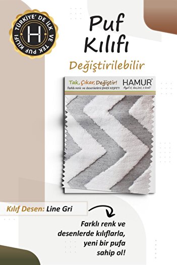 HAMUR Yıkanabilir Puf Tabure Kılıfı Tak-Çıkar-Değiştir-Yenile Orta Sehpa Kılıfı By Line Gri
