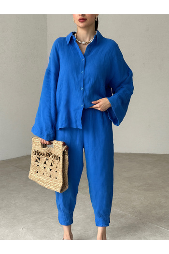 EDLİNGERİE Saks Blue Muslin Fabric Women's Pants Shirt Bottom Top Set