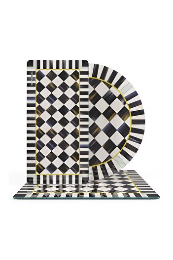 Decovetro MacKenzie 3-Piece Mixed Set - Glass Presentation Serving, Black and White Checkered Plate