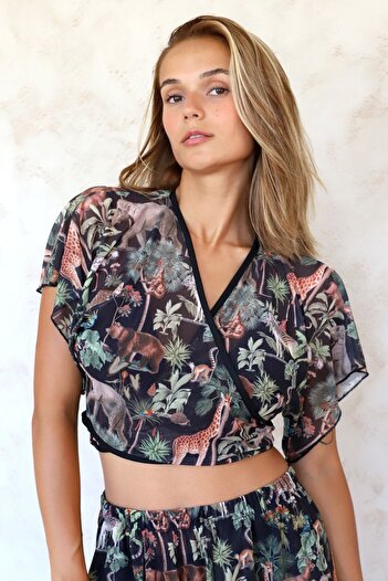 HAMUR Crop Cross Tie Detailed Beach Pareo Summer Tulle Chiffon Blouse Woods Black Std